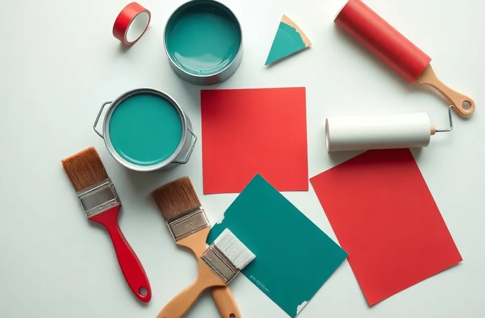 Pots de peinture, nuancier, brosses et rouleaux disposés à plat