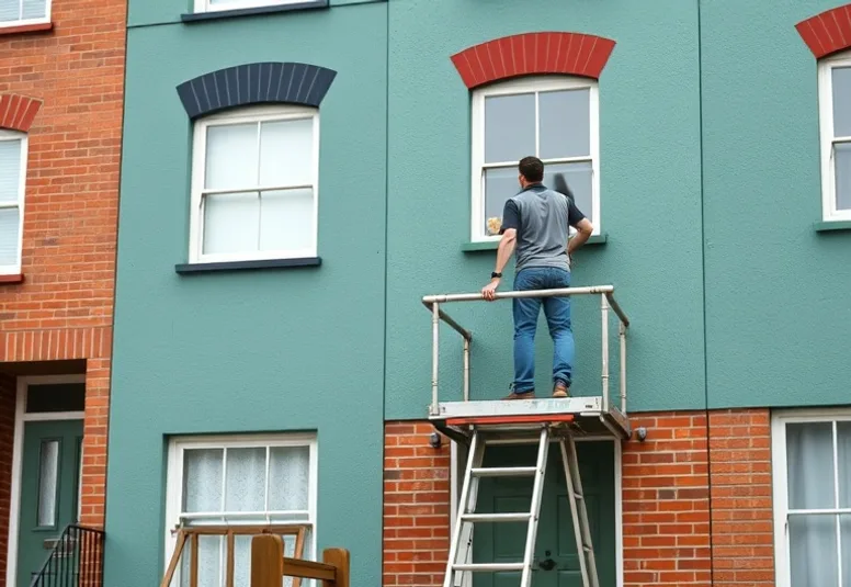 Peintre sur échafaudage traitant la façade d'une maison