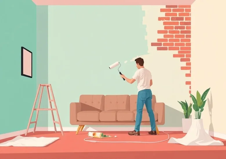 Peintre appliquant la peinture au rouleau sur un mur de salon